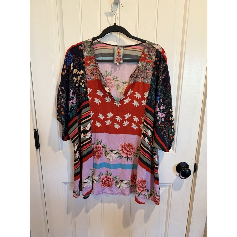 Johnny Was 1X Tunic Top Multicolor Floral Patchwork Print Rayon Boho Dolman